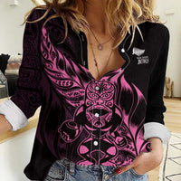 New Zealand Lawn Bowls Custom Women Casual Shirt Pink Maori Warrior Tribal Silver Fern LT9 Female Pink - Polynesian Pride