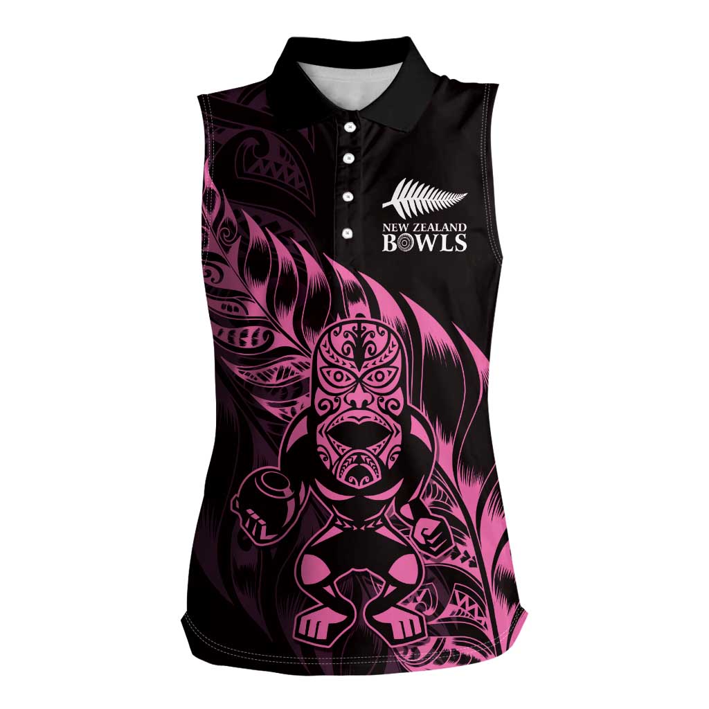 New Zealand Lawn Bowls Custom Women Sleeveless Polo Shirt Pink Maori Warrior Tribal Silver Fern LT9 Female Pink - Polynesian Pride