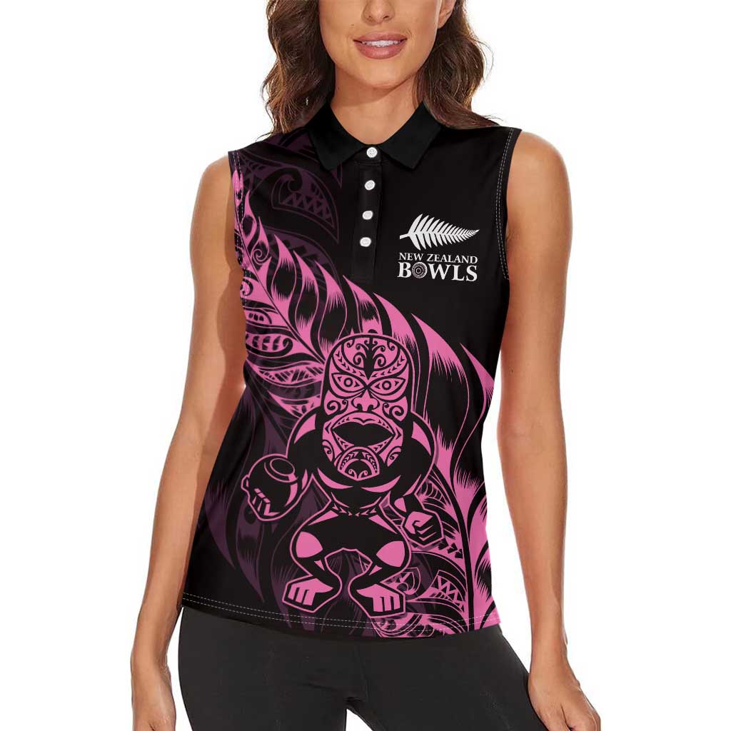 New Zealand Lawn Bowls Custom Women Sleeveless Polo Shirt Pink Maori Warrior Tribal Silver Fern LT9 - Polynesian Pride