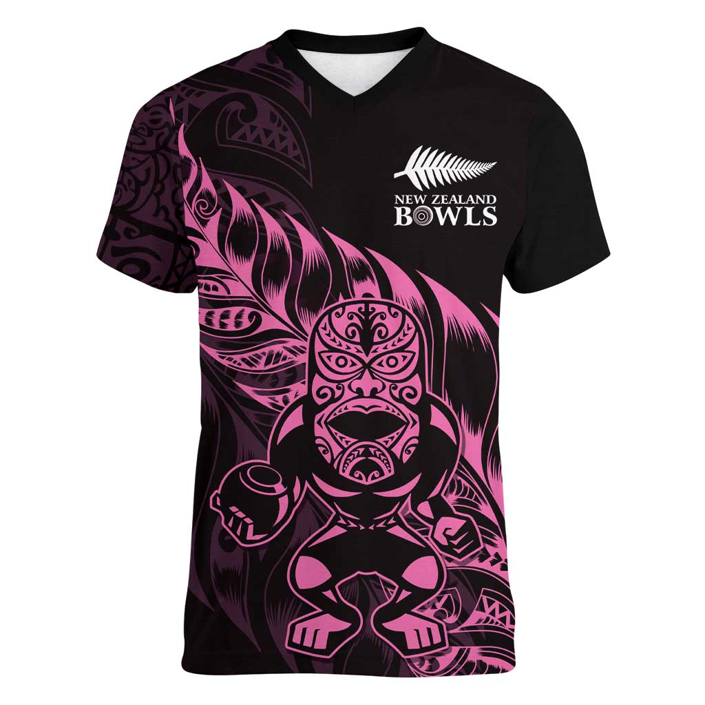 New Zealand Lawn Bowls Custom Women V-Neck T-Shirt Pink Maori Warrior Tribal Silver Fern LT9 Female Pink - Polynesian Pride