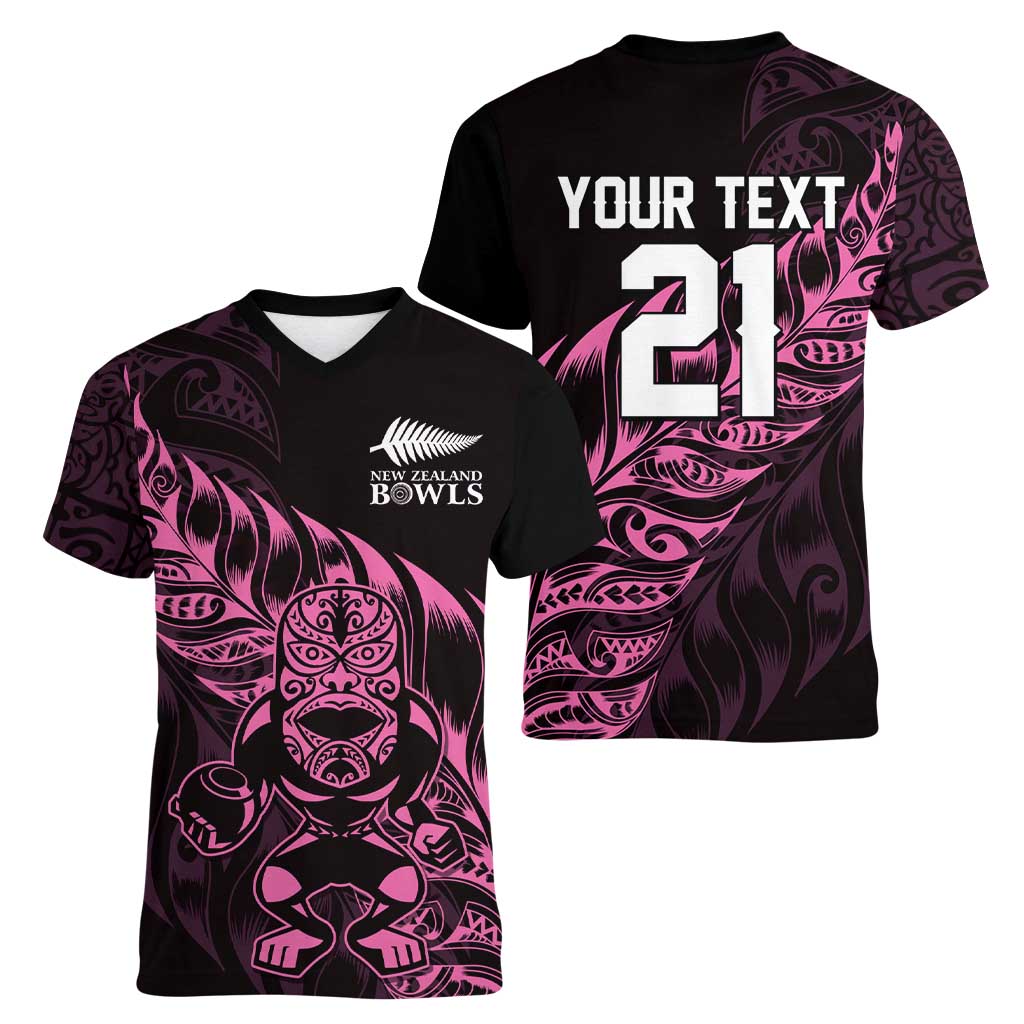 New Zealand Lawn Bowls Custom Women V-Neck T-Shirt Pink Maori Warrior Tribal Silver Fern LT9 - Polynesian Pride