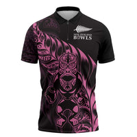 New Zealand Lawn Bowls Custom Zipper Polo Shirt Pink Maori Warrior Tribal Silver Fern LT9 Pink - Polynesian Pride