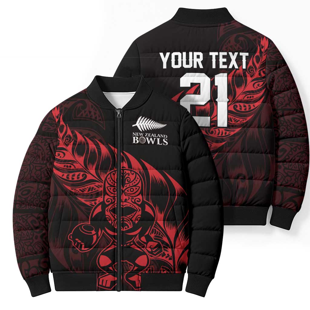 New Zealand Lawn Bowls Custom Bomber Puffer Jacket Red Maori Warrior Tribal Silver Fern - Polynesian Pride