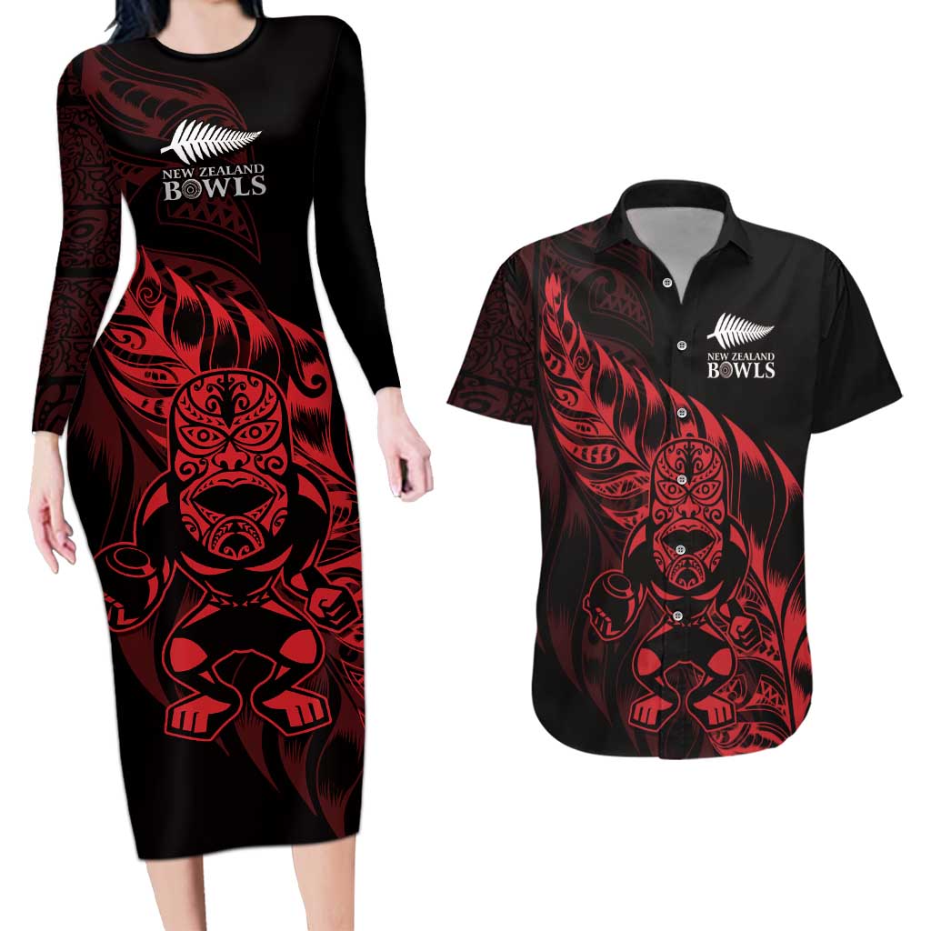 New Zealand Lawn Bowls Custom Couples Matching Long Sleeve Bodycon Dress and Hawaiian Shirt Red Maori Warrior Tribal Silver Fern LT9 Red - Polynesian Pride