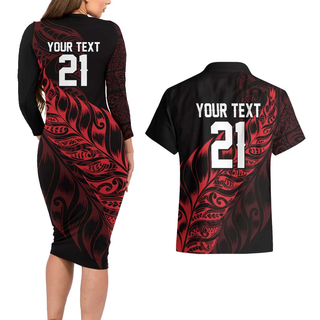 New Zealand Lawn Bowls Custom Couples Matching Long Sleeve Bodycon Dress and Hawaiian Shirt Red Maori Warrior Tribal Silver Fern LT9 - Polynesian Pride
