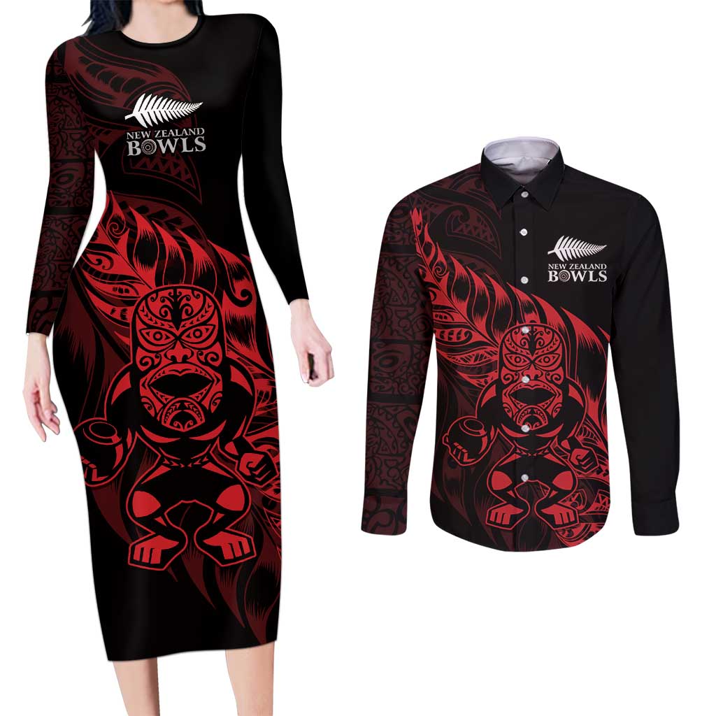 New Zealand Lawn Bowls Custom Couples Matching Long Sleeve Bodycon Dress and Long Sleeve Button Shirt Red Maori Warrior Tribal Silver Fern LT9 Red - Polynesian Pride