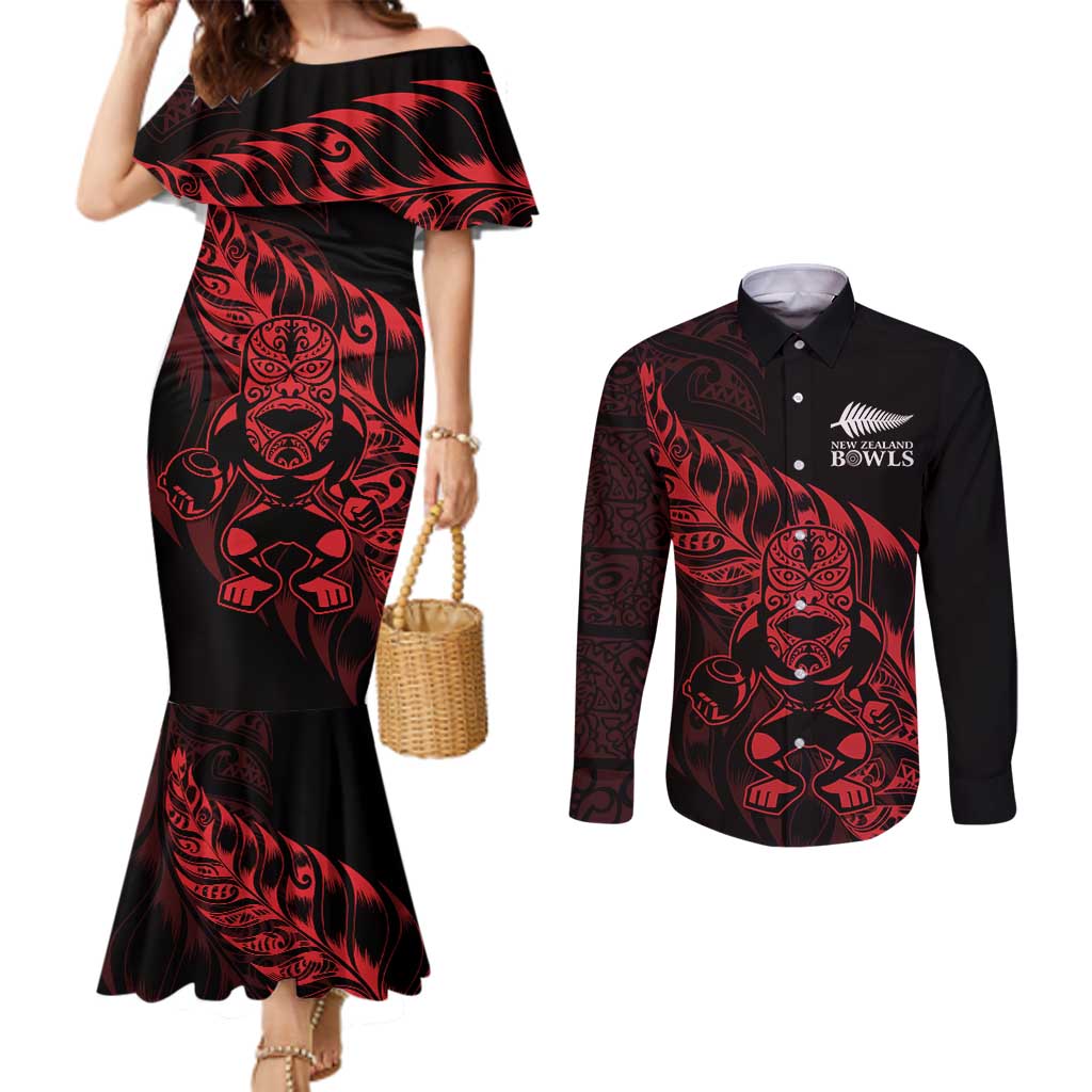 New Zealand Lawn Bowls Custom Couples Matching Mermaid Dress and Long Sleeve Button Shirt Red Maori Warrior Tribal Silver Fern - Polynesian Pride