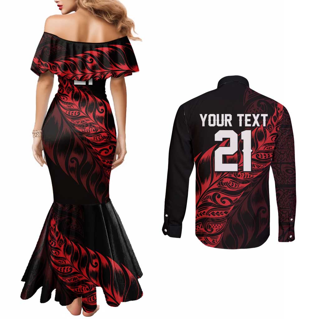 New Zealand Lawn Bowls Custom Couples Matching Mermaid Dress and Long Sleeve Button Shirt Red Maori Warrior Tribal Silver Fern LT9 - Polynesian Pride