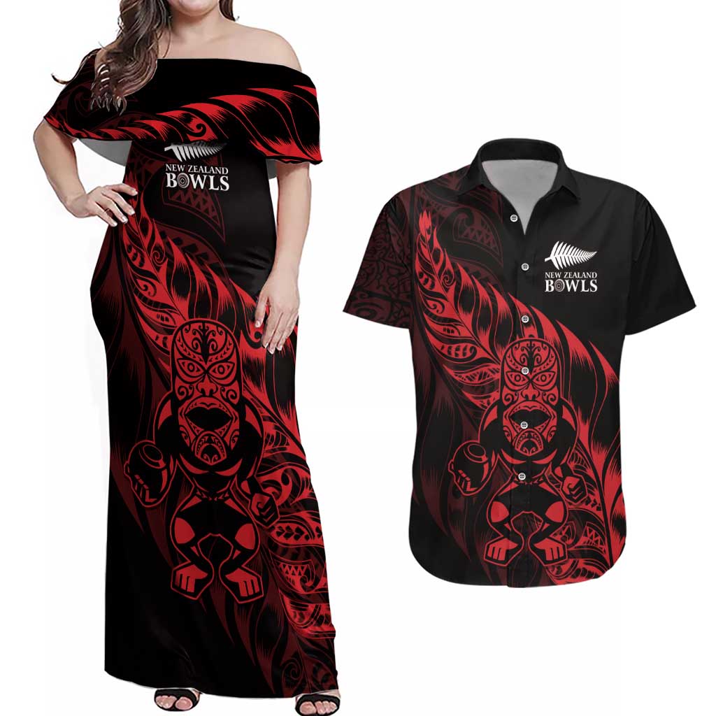 New Zealand Lawn Bowls Custom Couples Matching Off Shoulder Maxi Dress and Hawaiian Shirt Red Maori Warrior Tribal Silver Fern LT9 Red - Polynesian Pride