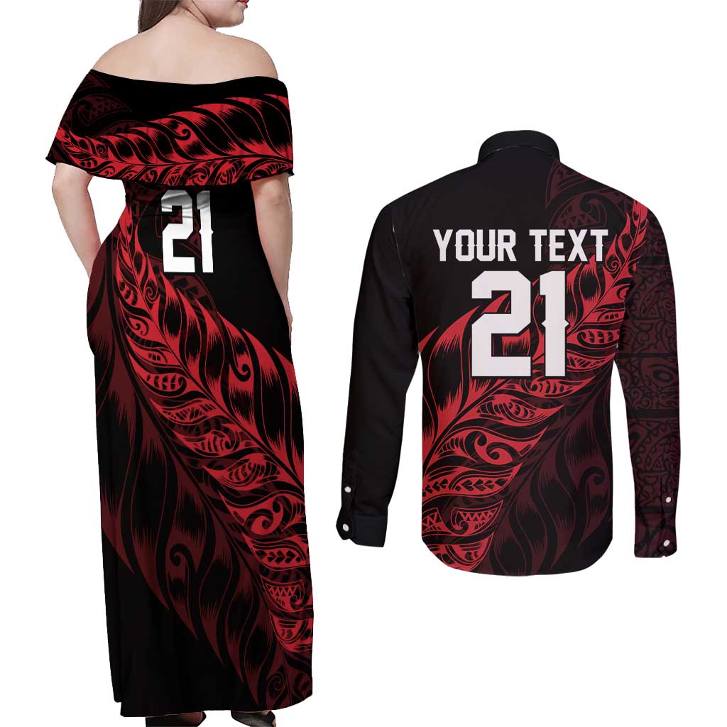 New Zealand Lawn Bowls Custom Couples Matching Off Shoulder Maxi Dress and Long Sleeve Button Shirt Red Maori Warrior Tribal Silver Fern LT9 - Polynesian Pride