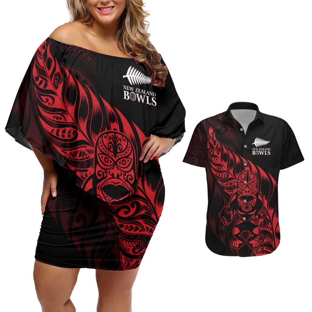 New Zealand Lawn Bowls Custom Couples Matching Off Shoulder Short Dress and Hawaiian Shirt Red Maori Warrior Tribal Silver Fern LT9 Red - Polynesian Pride