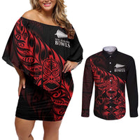 New Zealand Lawn Bowls Custom Couples Matching Off Shoulder Short Dress and Long Sleeve Button Shirt Red Maori Warrior Tribal Silver Fern LT9 Red - Polynesian Pride