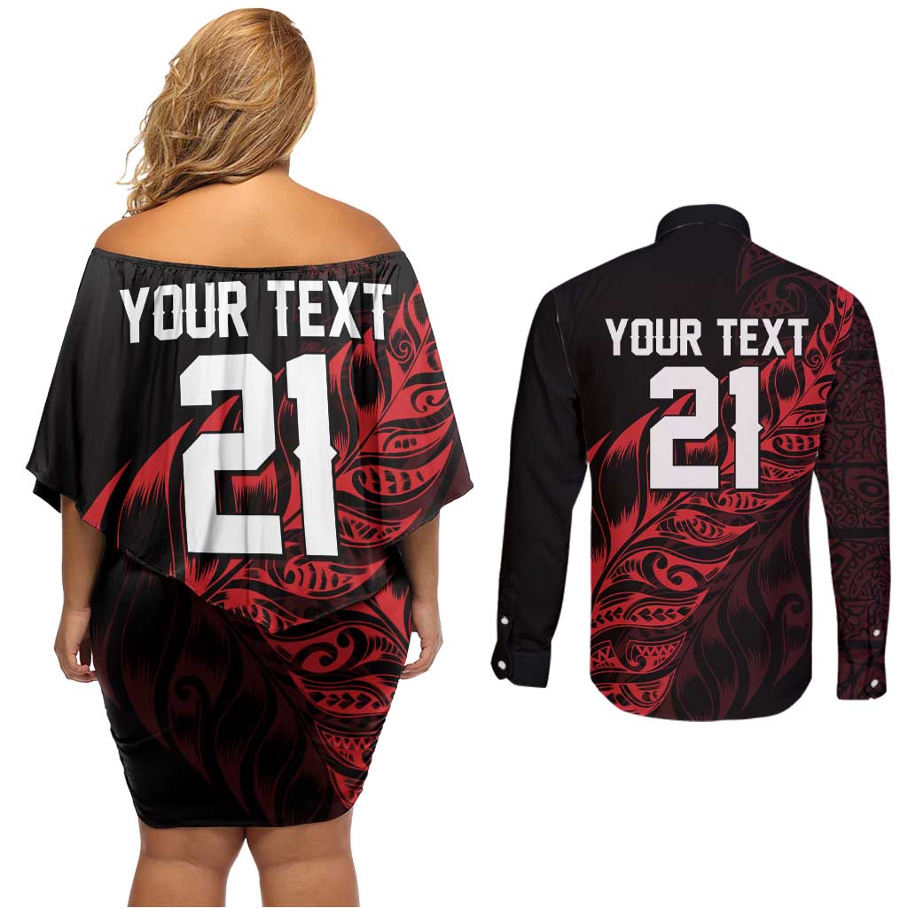 New Zealand Lawn Bowls Custom Couples Matching Off Shoulder Short Dress and Long Sleeve Button Shirt Red Maori Warrior Tribal Silver Fern LT9 - Polynesian Pride