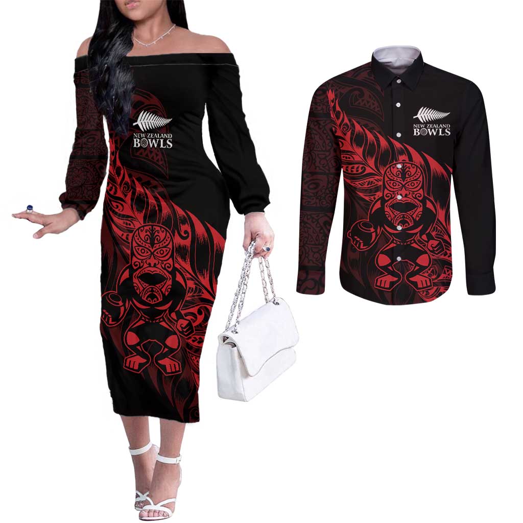 New Zealand Lawn Bowls Custom Couples Matching Off The Shoulder Long Sleeve Dress and Long Sleeve Button Shirt Red Maori Warrior Tribal Silver Fern LT9 Red - Polynesian Pride
