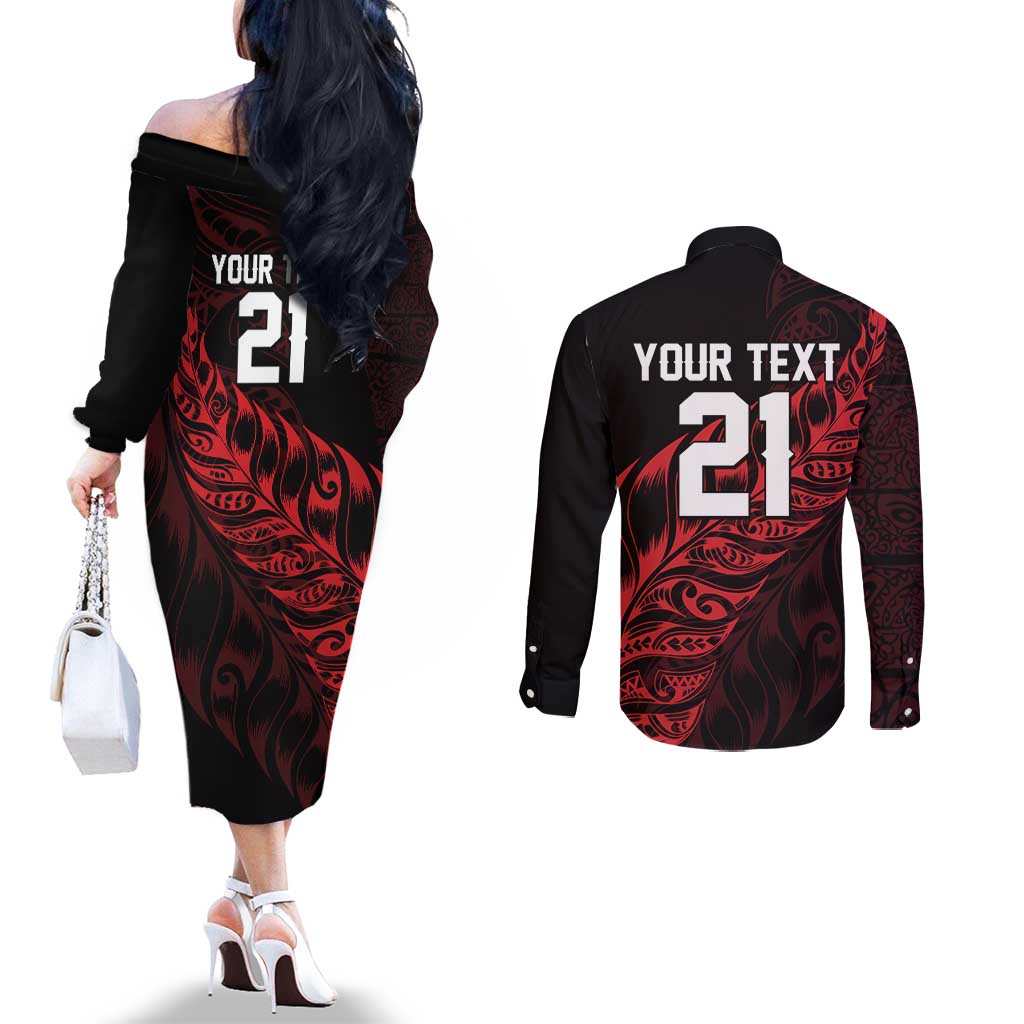 New Zealand Lawn Bowls Custom Couples Matching Off The Shoulder Long Sleeve Dress and Long Sleeve Button Shirt Red Maori Warrior Tribal Silver Fern LT9 - Polynesian Pride
