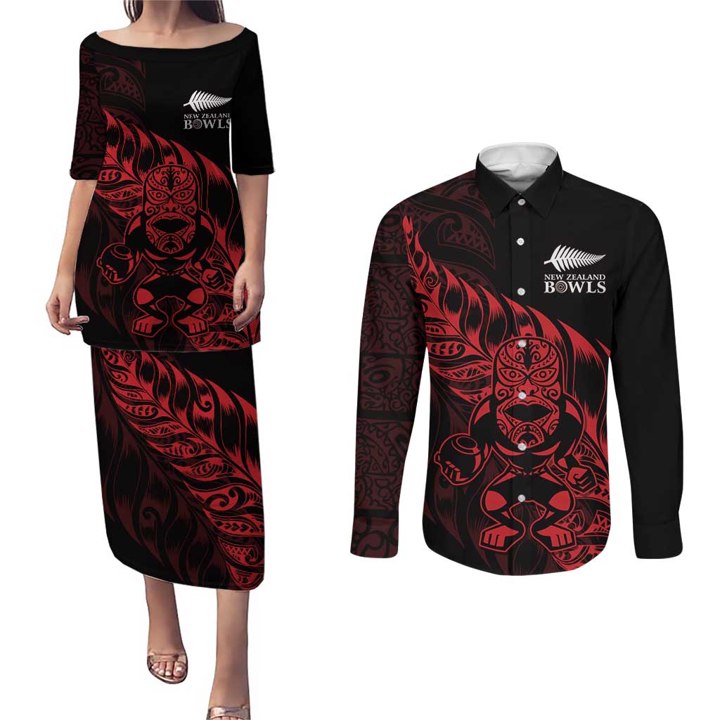 New Zealand Lawn Bowls Custom Couples Matching Puletasi and Long Sleeve Button Shirt Red Maori Warrior Tribal Silver Fern LT9 Red - Polynesian Pride