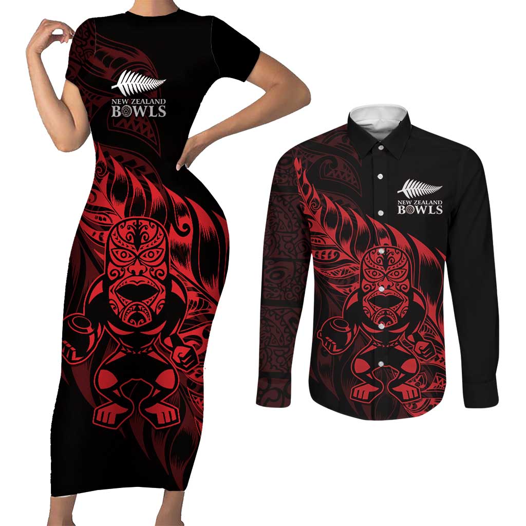 New Zealand Lawn Bowls Custom Couples Matching Short Sleeve Bodycon Dress and Long Sleeve Button Shirt Red Maori Warrior Tribal Silver Fern - Polynesian Pride