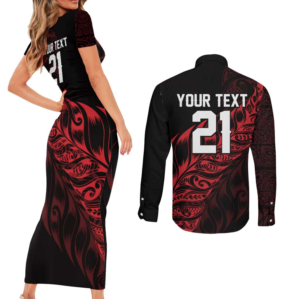 New Zealand Lawn Bowls Custom Couples Matching Short Sleeve Bodycon Dress and Long Sleeve Button Shirt Red Maori Warrior Tribal Silver Fern LT9 - Polynesian Pride