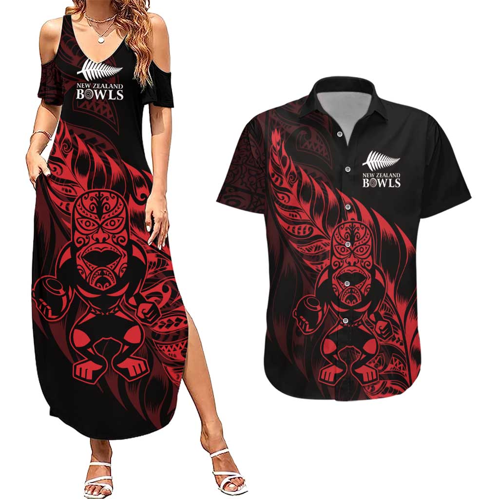 New Zealand Lawn Bowls Custom Couples Matching Summer Maxi Dress and Hawaiian Shirt Red Maori Warrior Tribal Silver Fern LT9 Red - Polynesian Pride