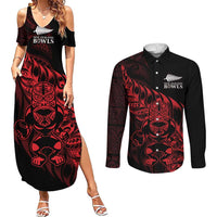 New Zealand Lawn Bowls Custom Couples Matching Summer Maxi Dress and Long Sleeve Button Shirt Red Maori Warrior Tribal Silver Fern LT9 Red - Polynesian Pride