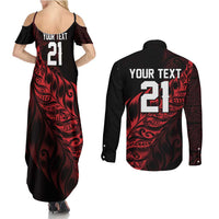 New Zealand Lawn Bowls Custom Couples Matching Summer Maxi Dress and Long Sleeve Button Shirt Red Maori Warrior Tribal Silver Fern LT9 - Polynesian Pride