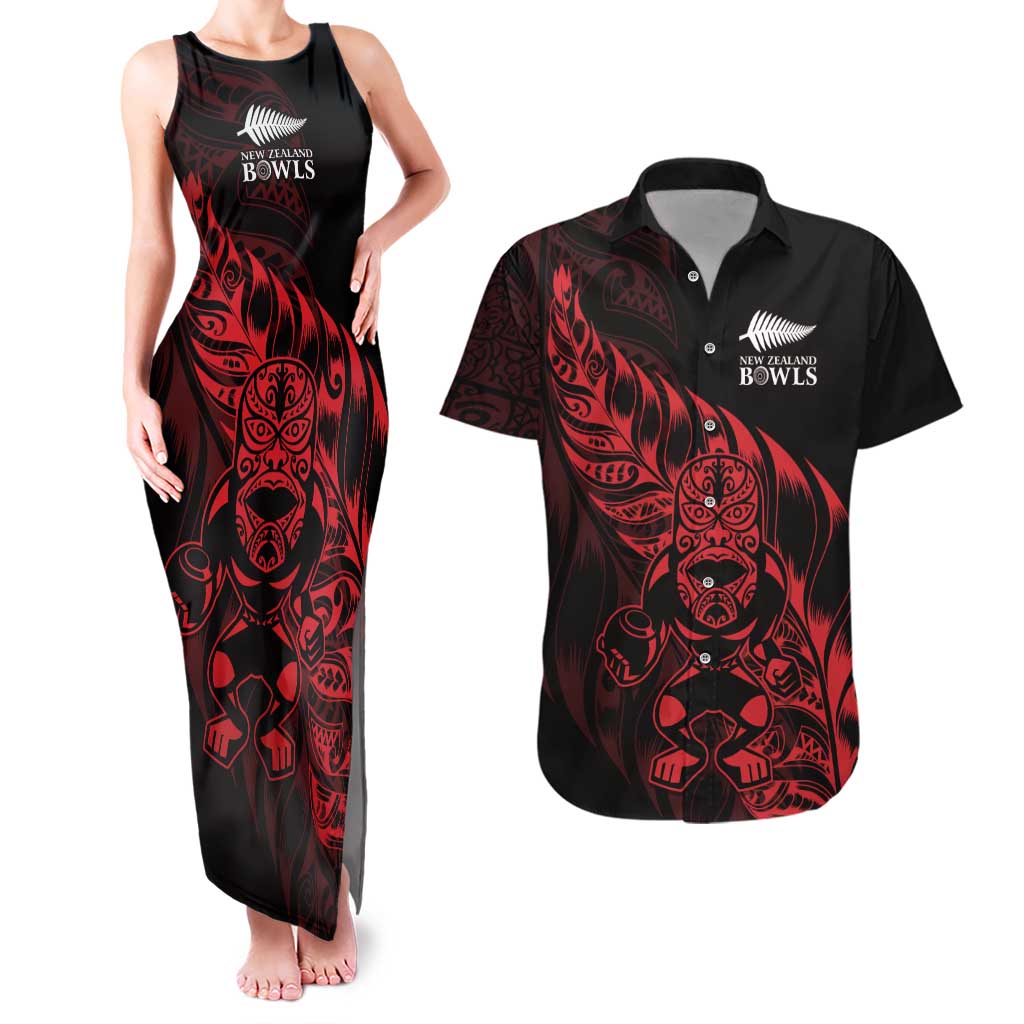 New Zealand Lawn Bowls Custom Couples Matching Tank Maxi Dress and Hawaiian Shirt Red Maori Warrior Tribal Silver Fern - Polynesian Pride