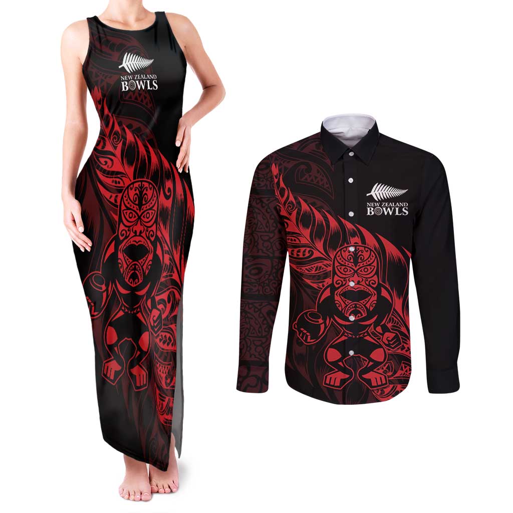 New Zealand Lawn Bowls Custom Couples Matching Tank Maxi Dress and Long Sleeve Button Shirt Red Maori Warrior Tribal Silver Fern LT9 Red - Polynesian Pride