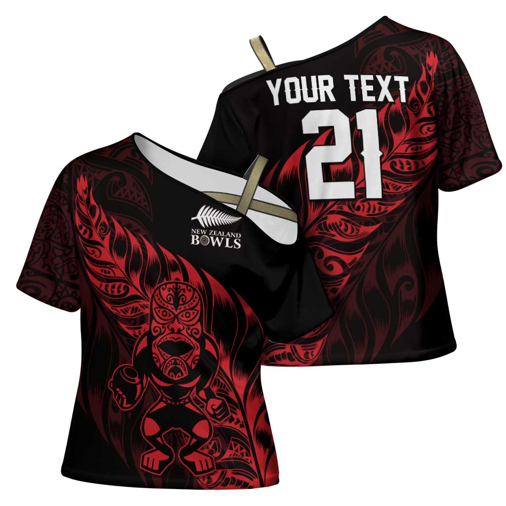 New Zealand Lawn Bowls Custom Cross Shoulder Shirt Red Maori Warrior Tribal Silver Fern - Polynesian Pride