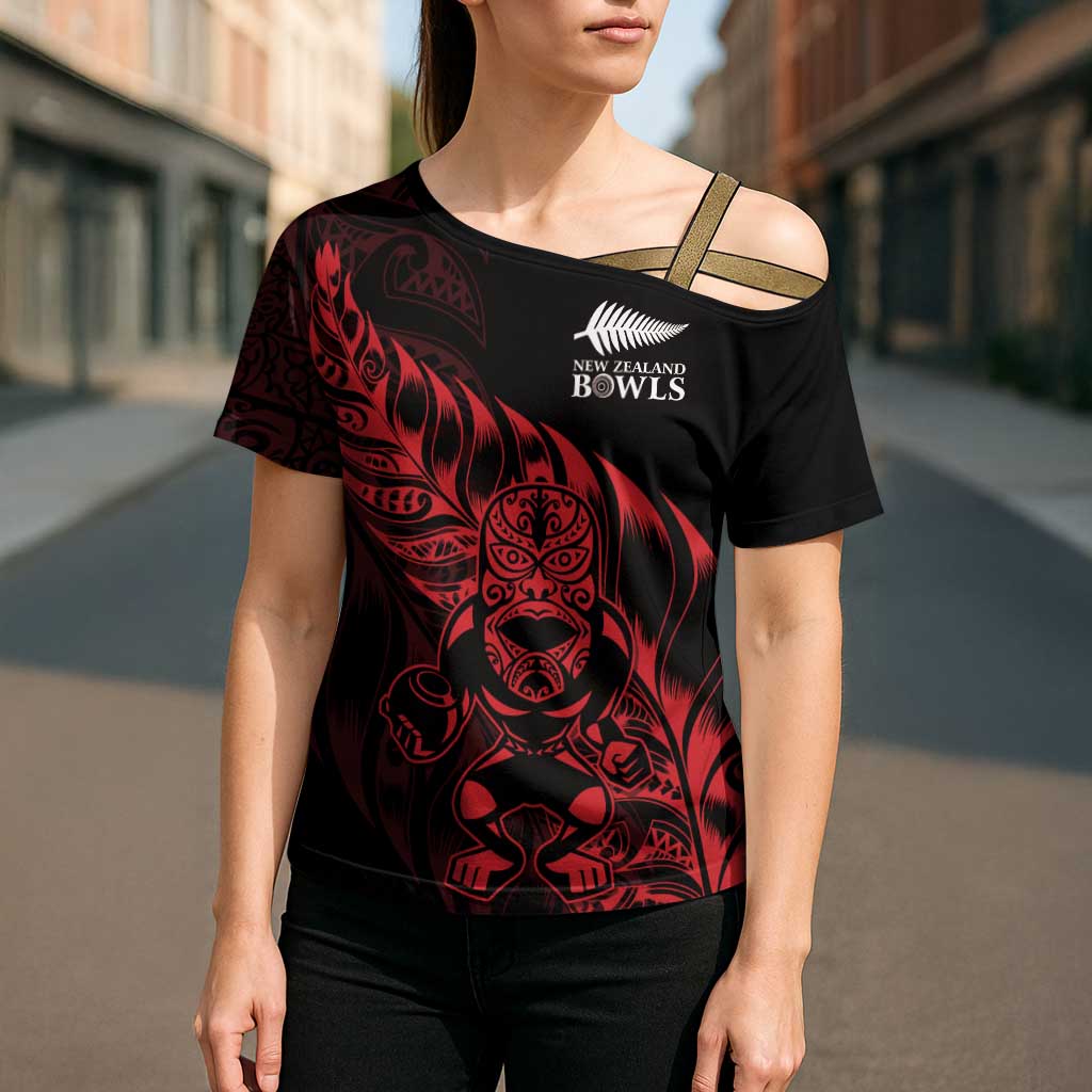 New Zealand Lawn Bowls Custom Cross Shoulder Shirt Red Maori Warrior Tribal Silver Fern - Polynesian Pride