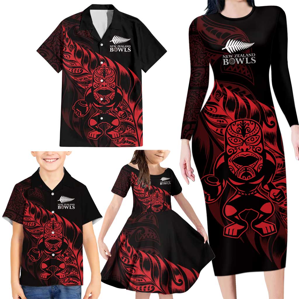 New Zealand Lawn Bowls Custom Family Matching Long Sleeve Bodycon Dress and Hawaiian Shirt Red Maori Warrior Tribal Silver Fern - Polynesian Pride