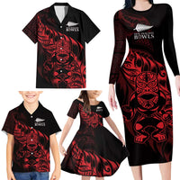 New Zealand Lawn Bowls Custom Family Matching Long Sleeve Bodycon Dress and Hawaiian Shirt Red Maori Warrior Tribal Silver Fern LT9 - Polynesian Pride