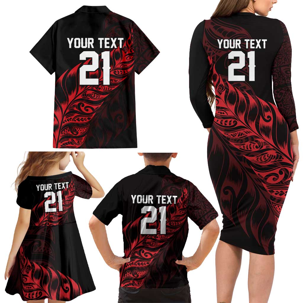 New Zealand Lawn Bowls Custom Family Matching Long Sleeve Bodycon Dress and Hawaiian Shirt Red Maori Warrior Tribal Silver Fern LT9 - Polynesian Pride