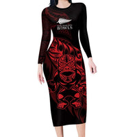 New Zealand Lawn Bowls Custom Family Matching Long Sleeve Bodycon Dress and Hawaiian Shirt Red Maori Warrior Tribal Silver Fern LT9 Mom's Dress Red - Polynesian Pride