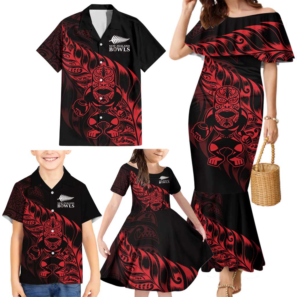 New Zealand Lawn Bowls Custom Family Matching Mermaid Dress and Hawaiian Shirt Red Maori Warrior Tribal Silver Fern LT9 - Polynesian Pride