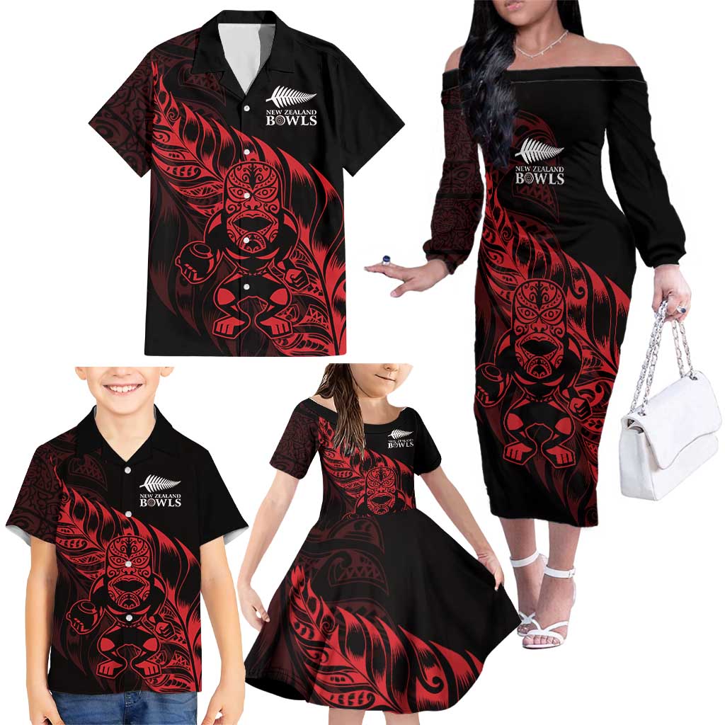 New Zealand Lawn Bowls Custom Family Matching Off The Shoulder Long Sleeve Dress and Hawaiian Shirt Red Maori Warrior Tribal Silver Fern - Polynesian Pride