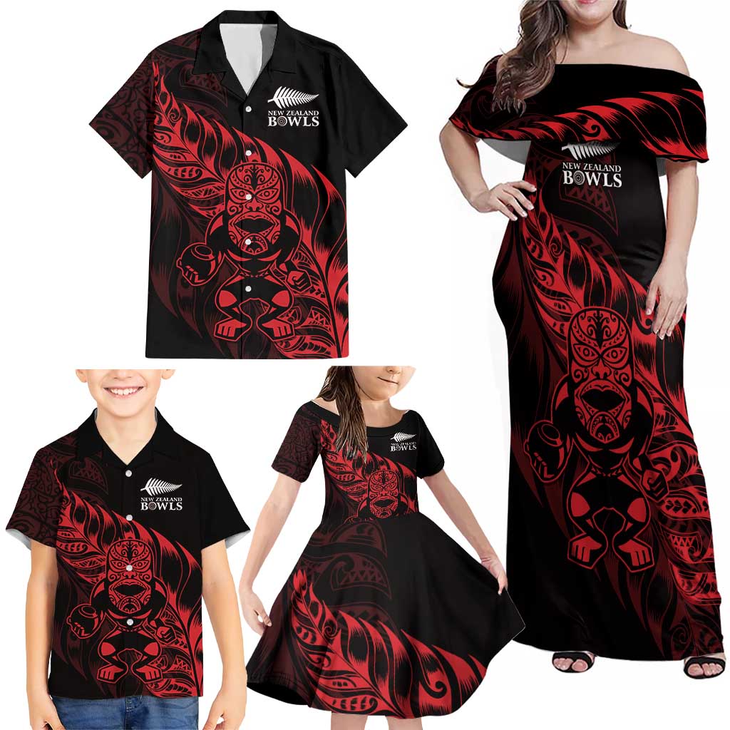 New Zealand Lawn Bowls Custom Family Matching Off Shoulder Maxi Dress and Hawaiian Shirt Red Maori Warrior Tribal Silver Fern LT9 - Polynesian Pride