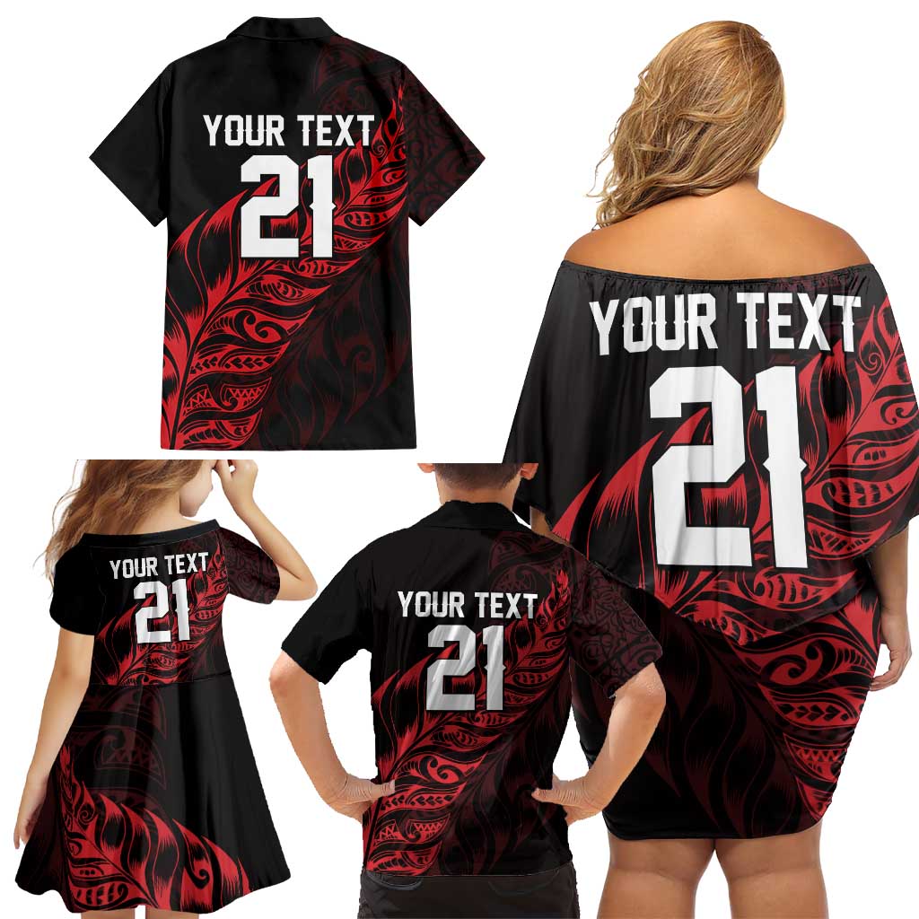 New Zealand Lawn Bowls Custom Family Matching Off Shoulder Short Dress and Hawaiian Shirt Red Maori Warrior Tribal Silver Fern LT9 - Polynesian Pride