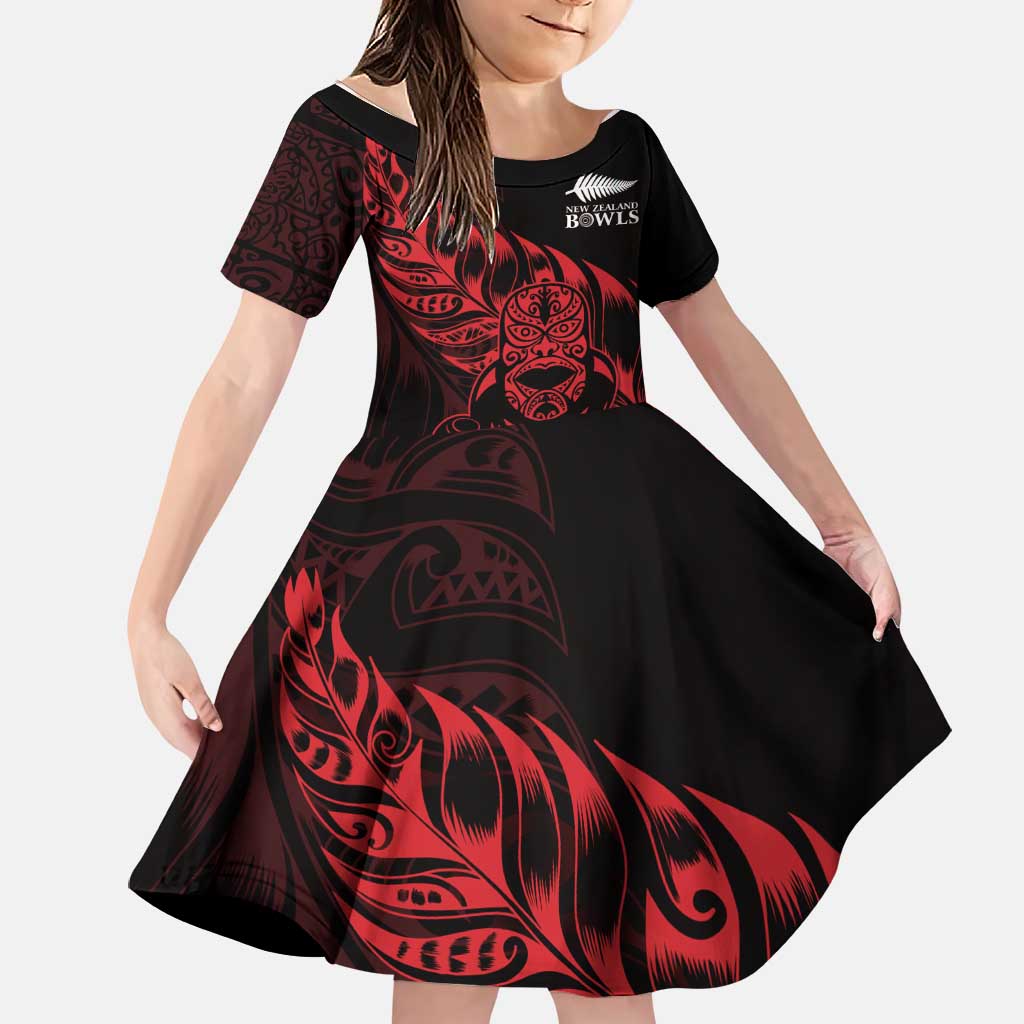 New Zealand Lawn Bowls Custom Family Matching Puletasi and Hawaiian Shirt Red Maori Warrior Tribal Silver Fern LT9 Daughter's Dress Red - Polynesian Pride