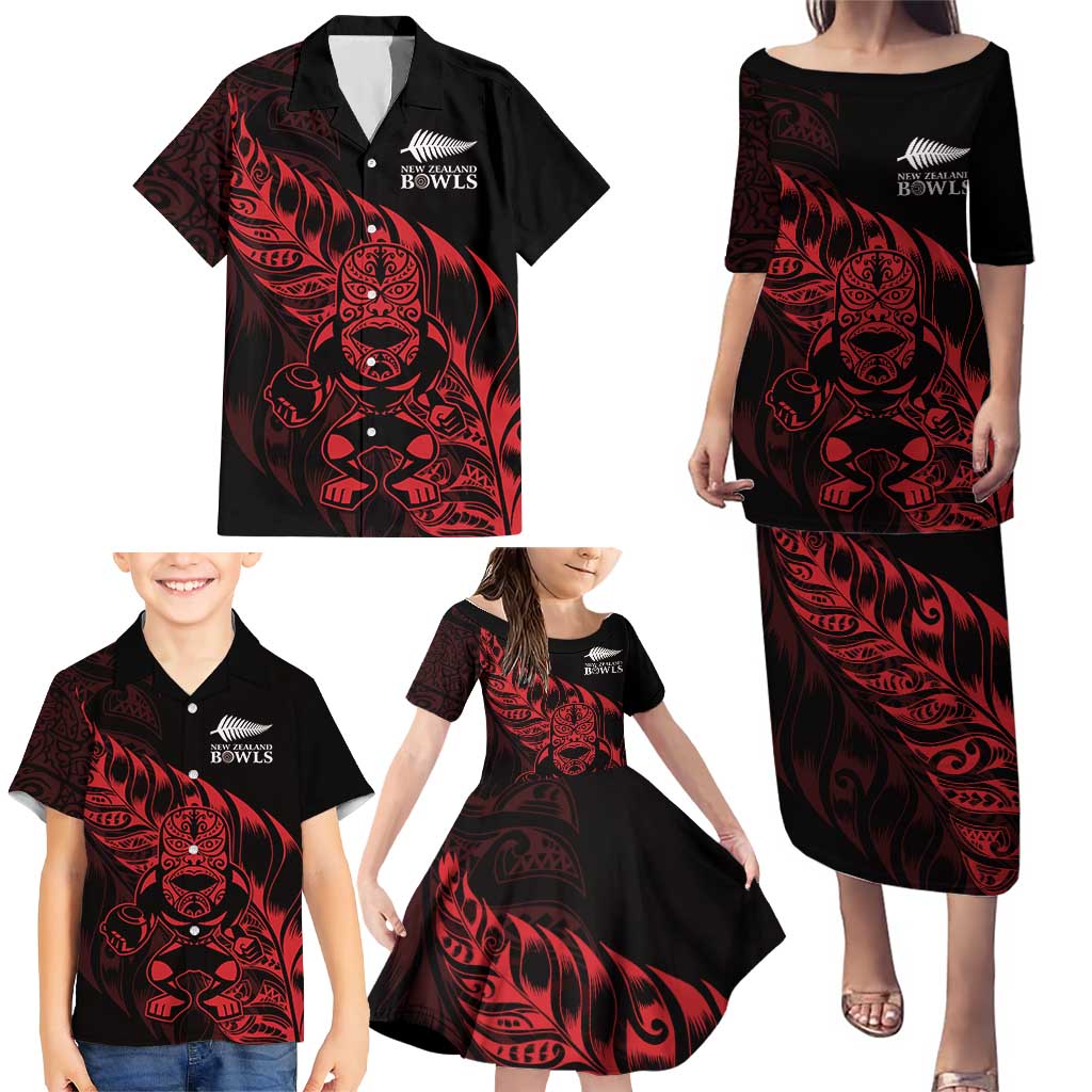 New Zealand Lawn Bowls Custom Family Matching Puletasi and Hawaiian Shirt Red Maori Warrior Tribal Silver Fern - Polynesian Pride
