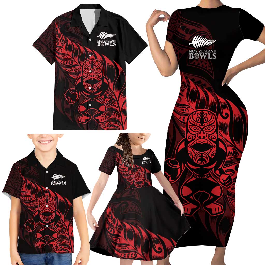 New Zealand Lawn Bowls Custom Family Matching Short Sleeve Bodycon Dress and Hawaiian Shirt Red Maori Warrior Tribal Silver Fern - Polynesian Pride