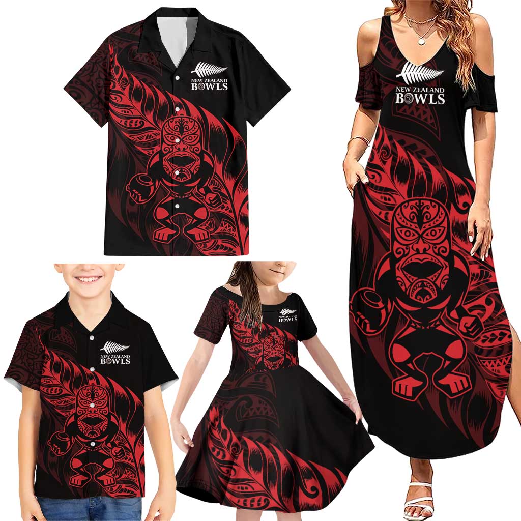 New Zealand Lawn Bowls Custom Family Matching Summer Maxi Dress and Hawaiian Shirt Red Maori Warrior Tribal Silver Fern LT9 - Polynesian Pride