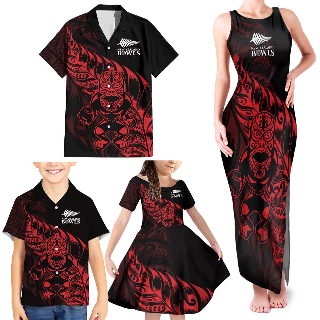 New Zealand Lawn Bowls Custom Family Matching Tank Maxi Dress and Hawaiian Shirt Red Maori Warrior Tribal Silver Fern - Polynesian Pride