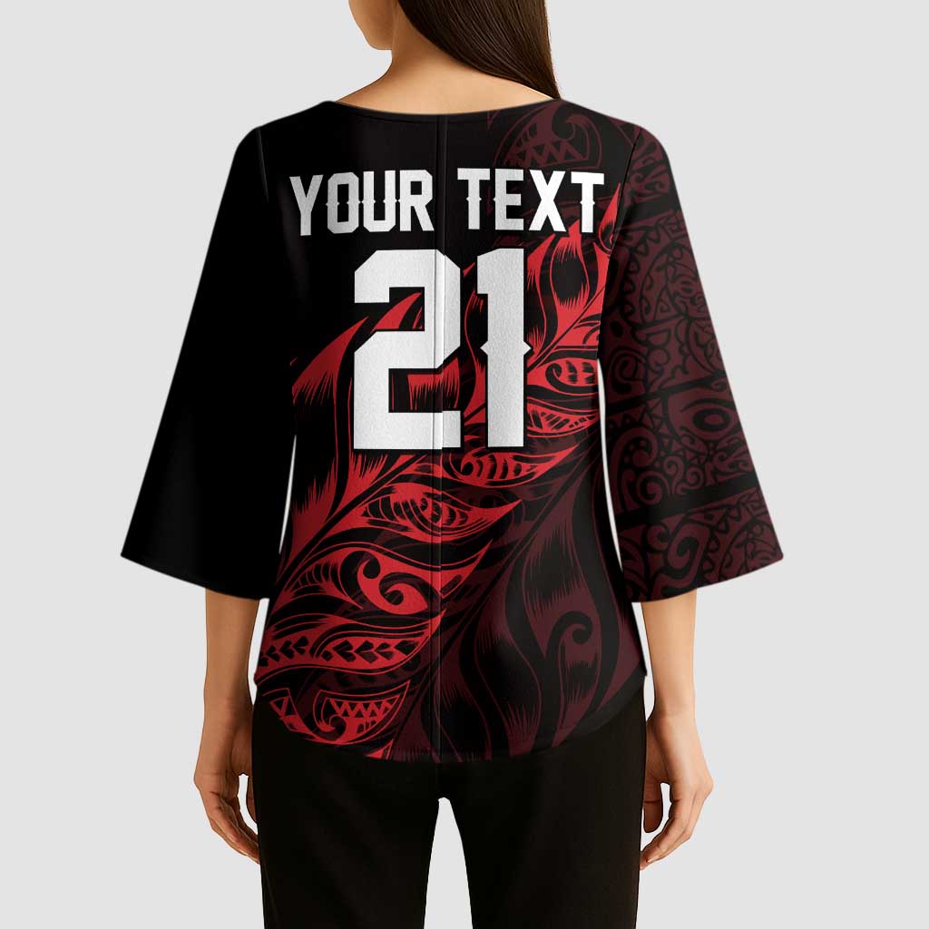 New Zealand Lawn Bowls Custom Kimono Sleeve Blouse Red Maori Warrior Tribal Silver Fern - Polynesian Pride