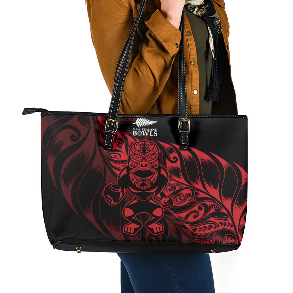 New Zealand Lawn Bowls Leather Tote Bag Red Maori Warrior Tribal Silver Fern - Polynesian Pride