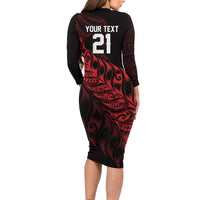 New Zealand Lawn Bowls Custom Long Sleeve Bodycon Dress Red Maori Warrior Tribal Silver Fern LT9 - Polynesian Pride