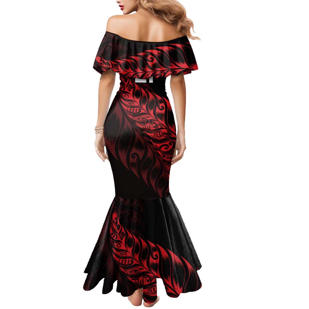 New Zealand Lawn Bowls Custom Mermaid Dress Red Maori Warrior Tribal Silver Fern - Polynesian Pride