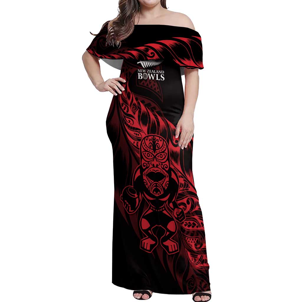 New Zealand Lawn Bowls Custom Off Shoulder Maxi Dress Red Maori Warrior Tribal Silver Fern LT9 Women Red - Polynesian Pride