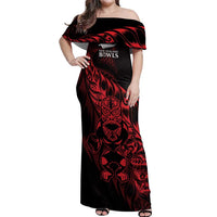 New Zealand Lawn Bowls Custom Off Shoulder Maxi Dress Red Maori Warrior Tribal Silver Fern LT9 Women Red - Polynesian Pride