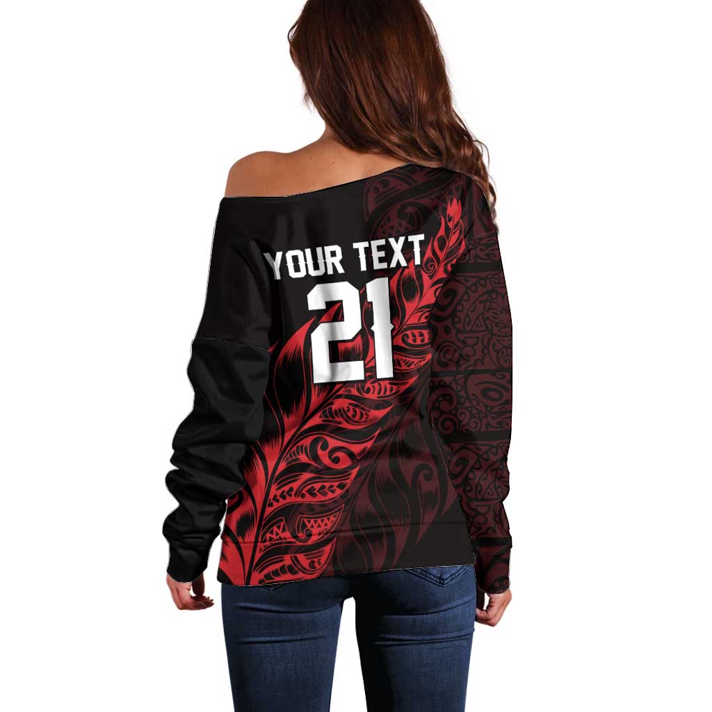 New Zealand Lawn Bowls Custom Off Shoulder Sweater Red Maori Warrior Tribal Silver Fern - Polynesian Pride
