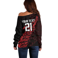 New Zealand Lawn Bowls Custom Off Shoulder Sweater Red Maori Warrior Tribal Silver Fern - Polynesian Pride